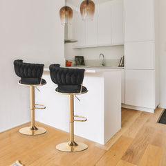 Lot de 2 chaises de bar Brillio dossier arrondi style maillage velours noir et métal or