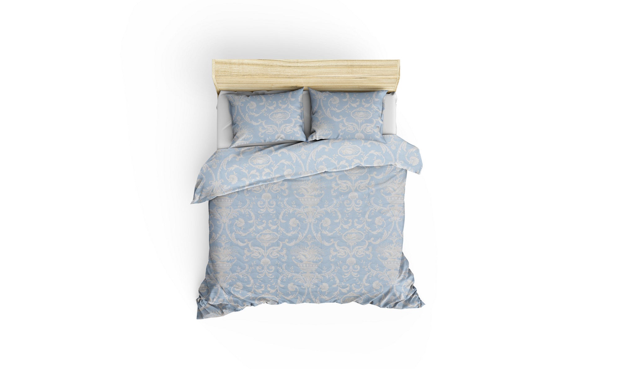 Set couvre-lit 200x220cm et 2 taies d'oreille Noctis Tissu Motif floral calice Polycoton Bleu ciel et Blanc