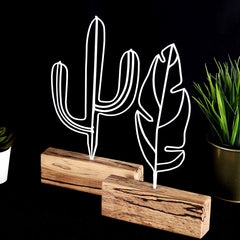 Set de 2 objet décoratif à poser Feuille et Cactus Zidas Bois clair et Métal Blanc