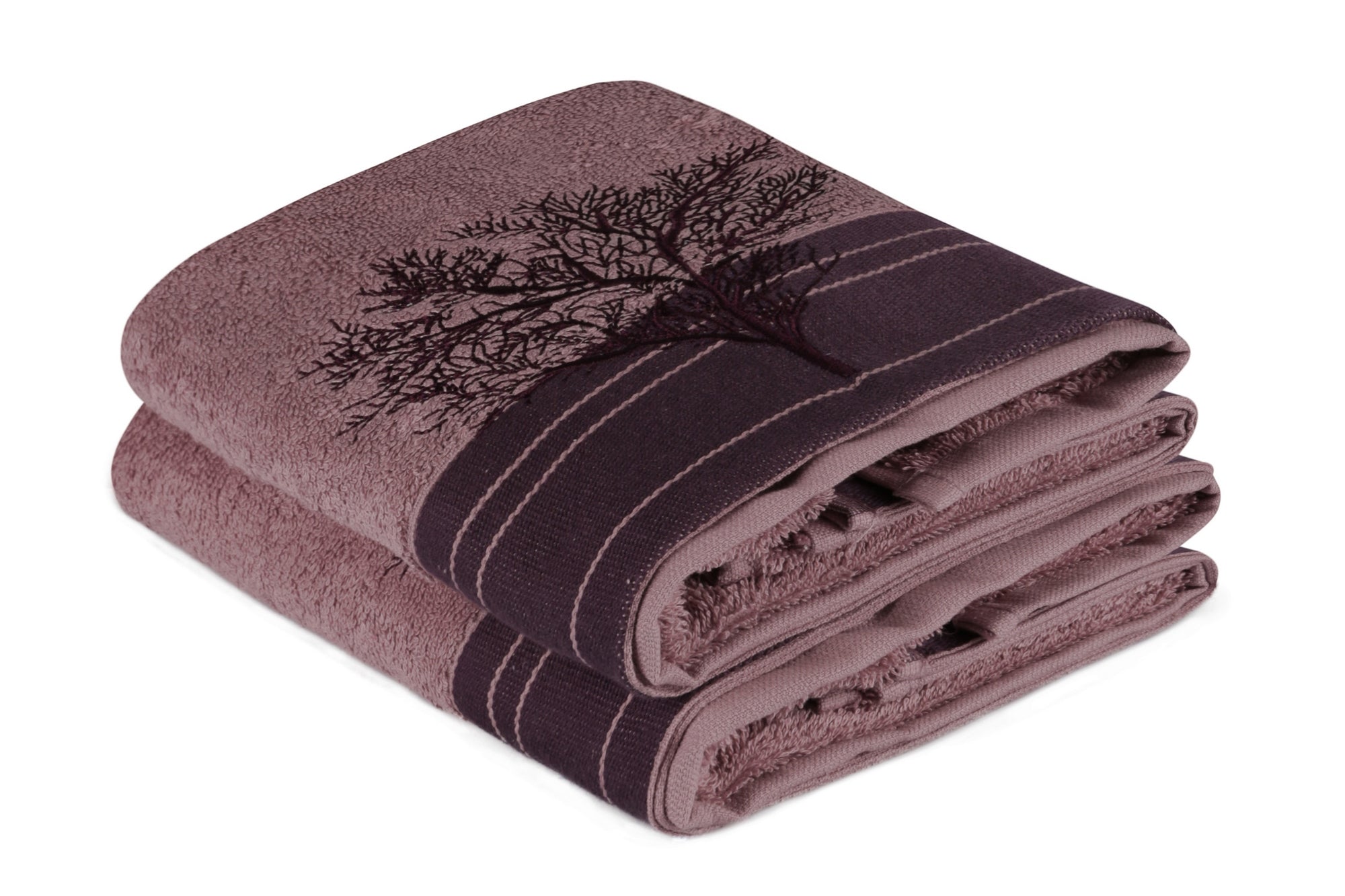 Set de 2 serviettes essuie-main grand liteau broderie arbre Apparatum 50 x 90 cm 100% Micro Coton Marron chocolat