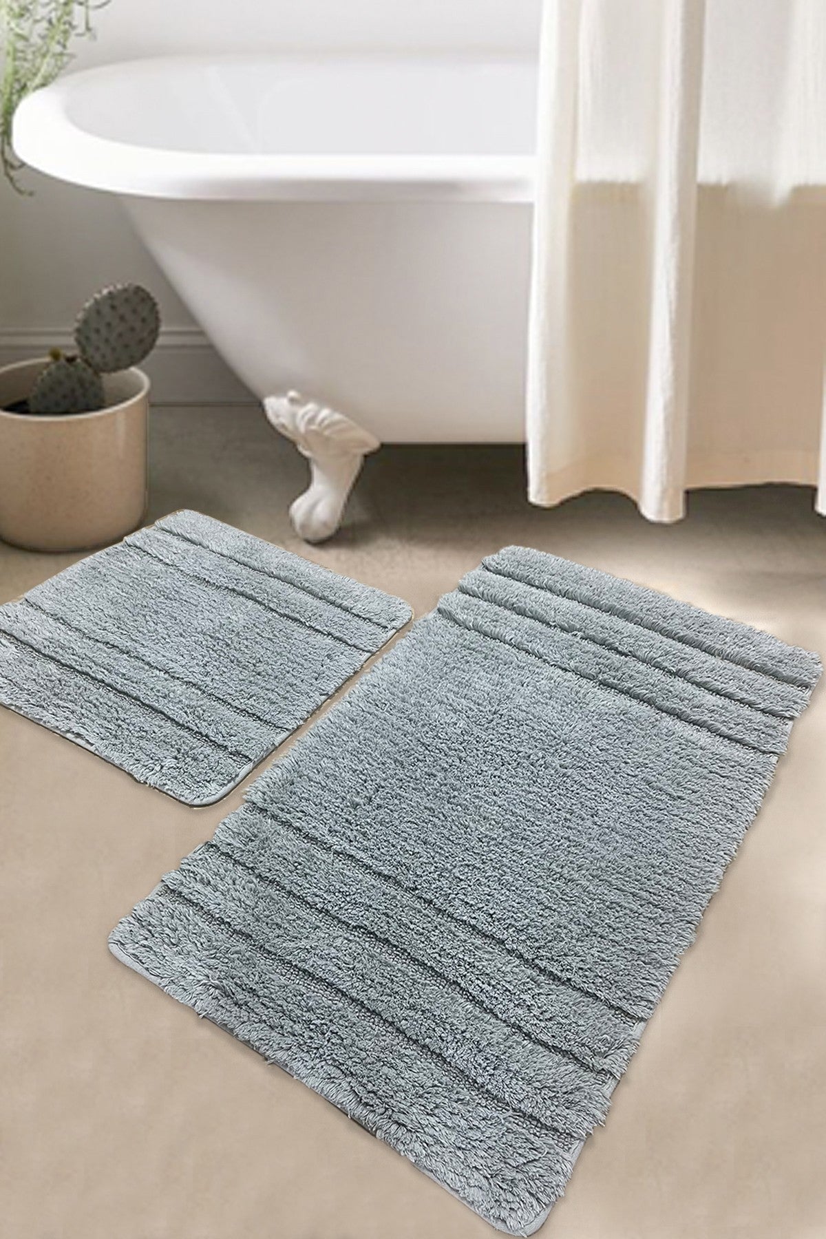 Set de 2 tapis de salle de bain Erlin 100% Coton Gris avec rayures