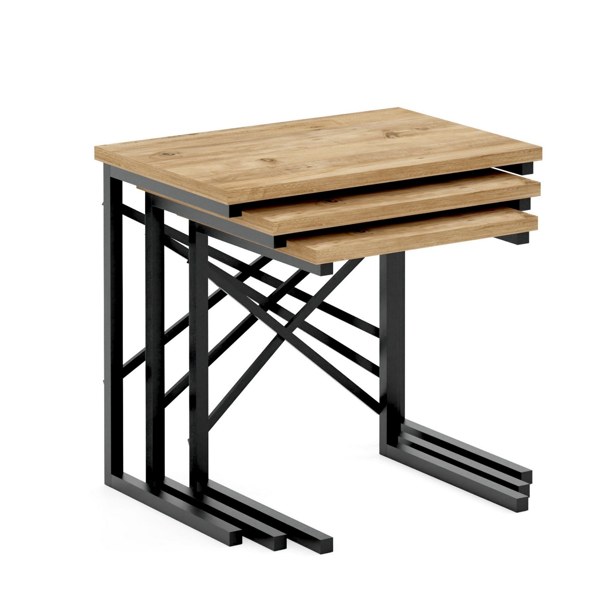 Set de 3 tables d'appoints gigognes Kerlabo Bois clair et Métal Noir