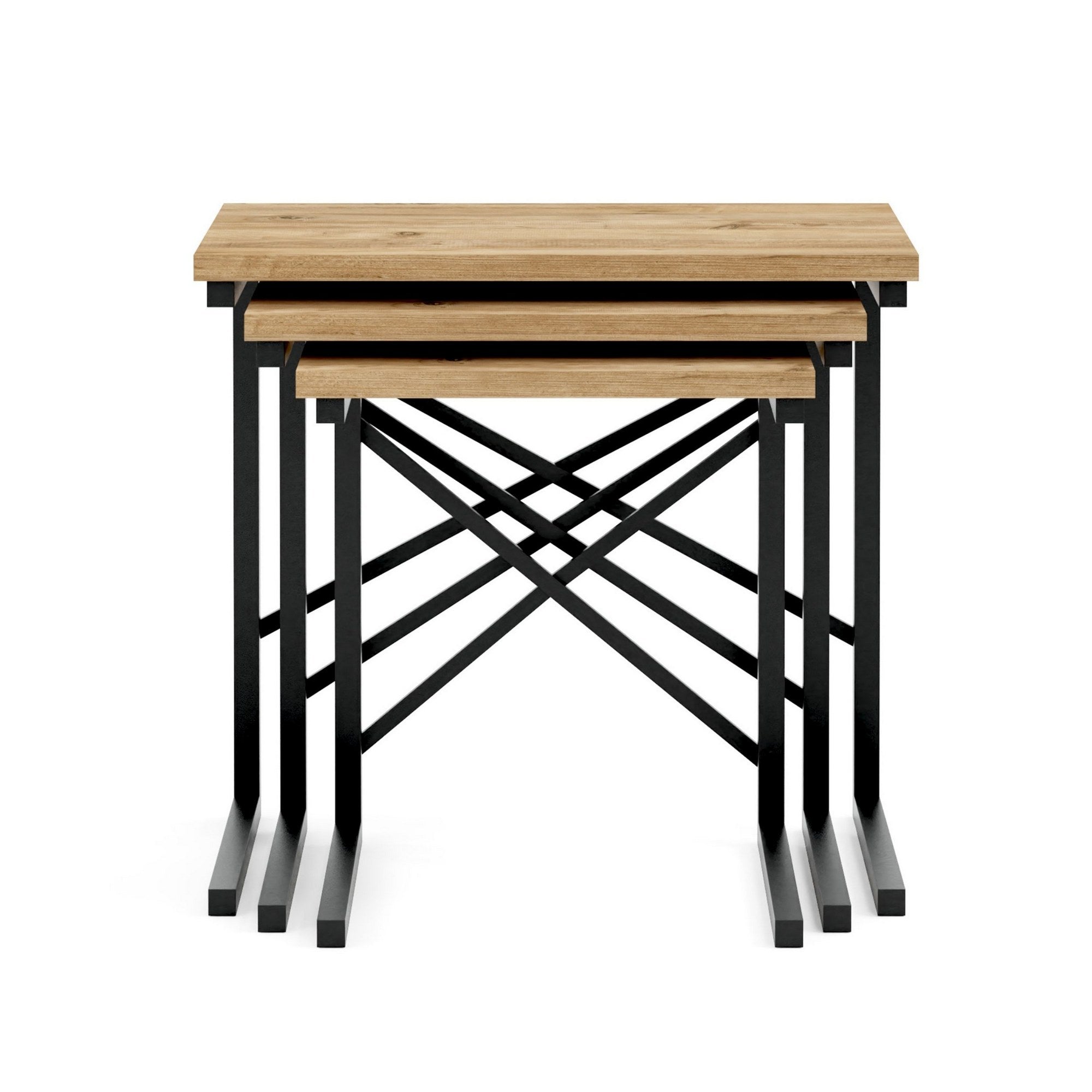 Set de 3 tables d'appoints gigognes Kerlabo Bois clair et Métal Noir