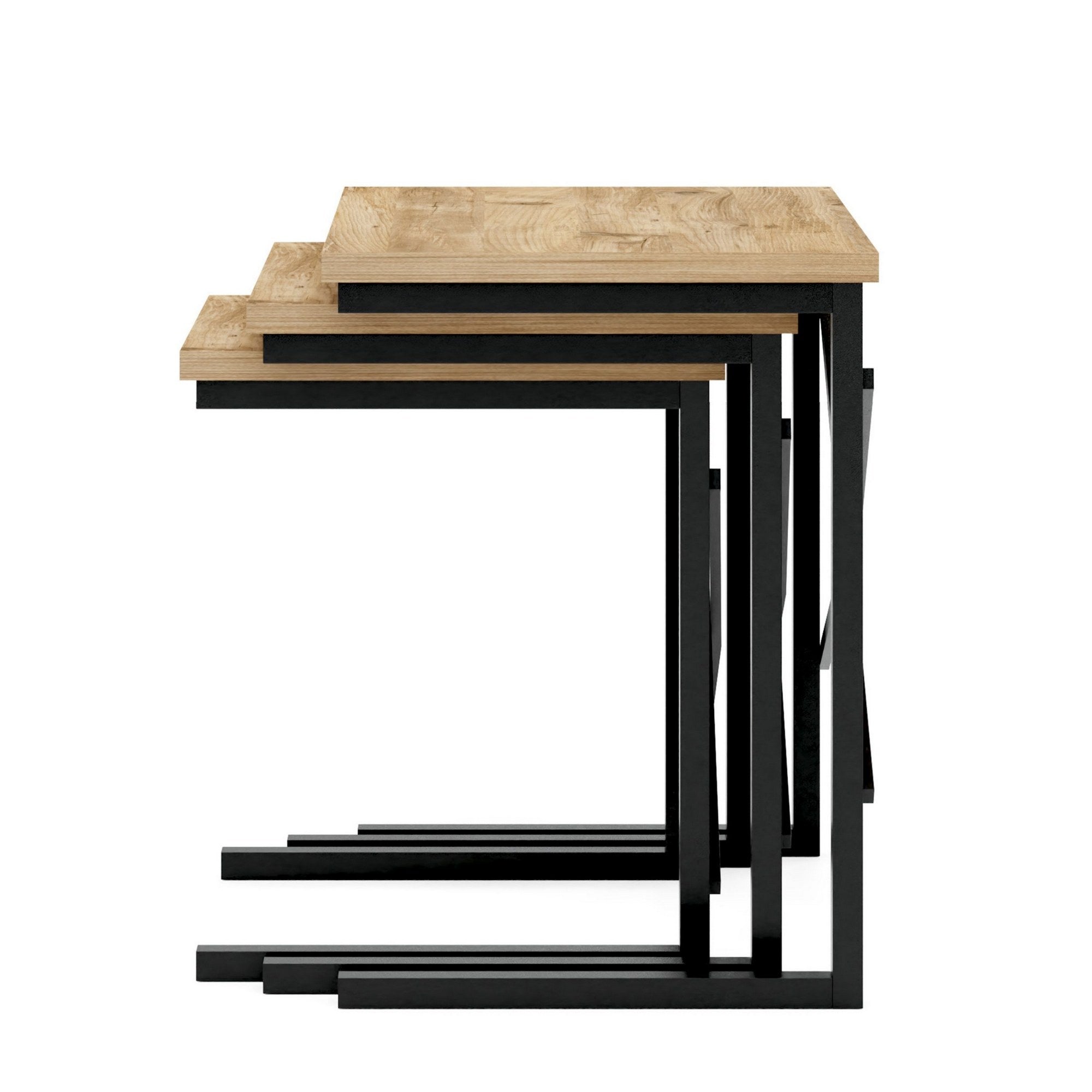 Set de 3 tables d'appoints gigognes Kerlabo Bois clair et Métal Noir