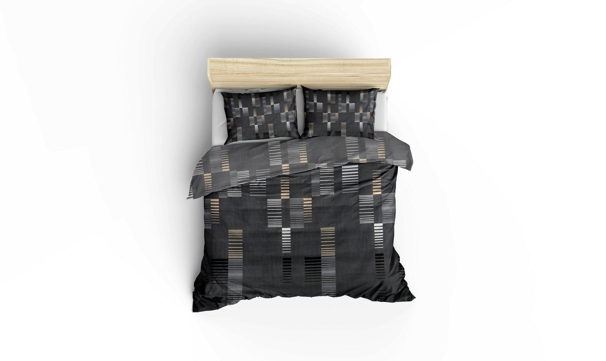 Set housse de couette 240x200cm et 2 taies d'oreiller 60x60cm Willis 100% Coton Motif Rayure Anthracite, Blanc et Or