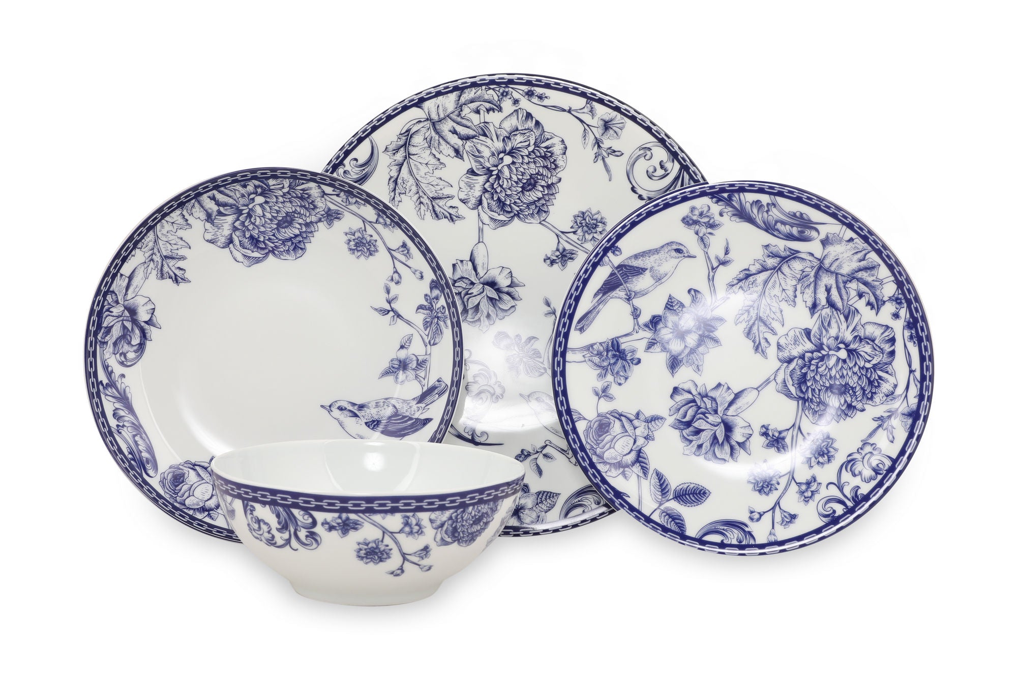 Set vaisselle service dîner 24 pièces Murrina 100% Porcelaine Motif Floral Bleu