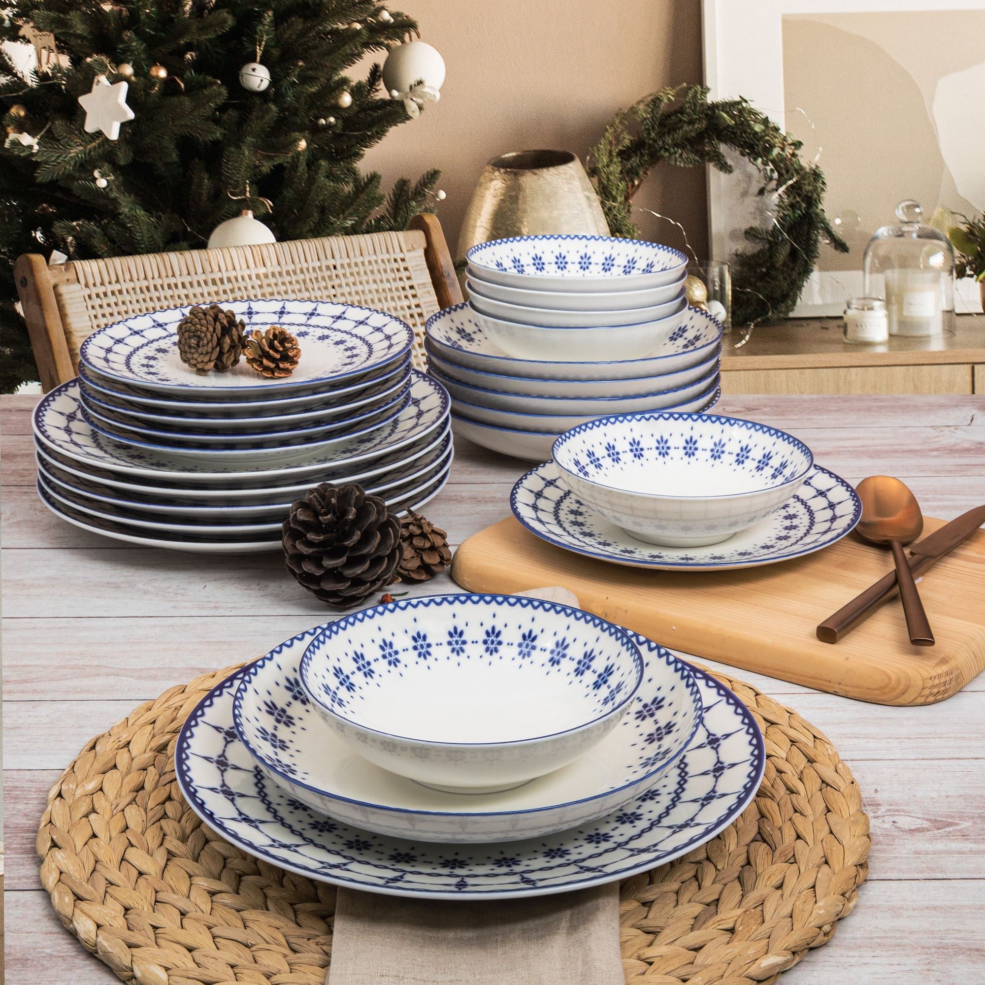 Set vaisselle service dîner 24 pièces Murrina Frise 100% Porcelaine Blanc et Bleu