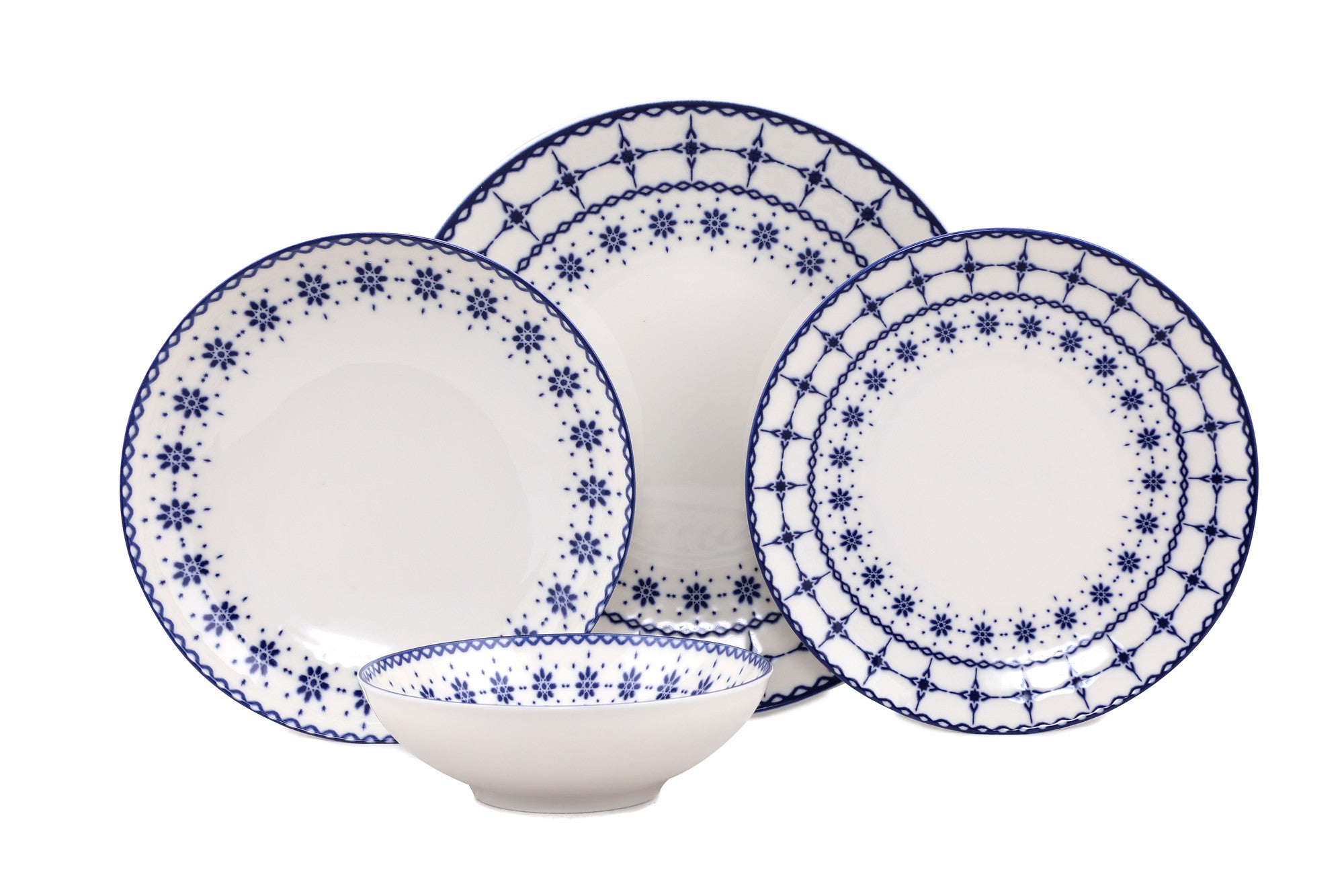 Set vaisselle service dîner 24 pièces Murrina Frise 100% Porcelaine Blanc et Bleu