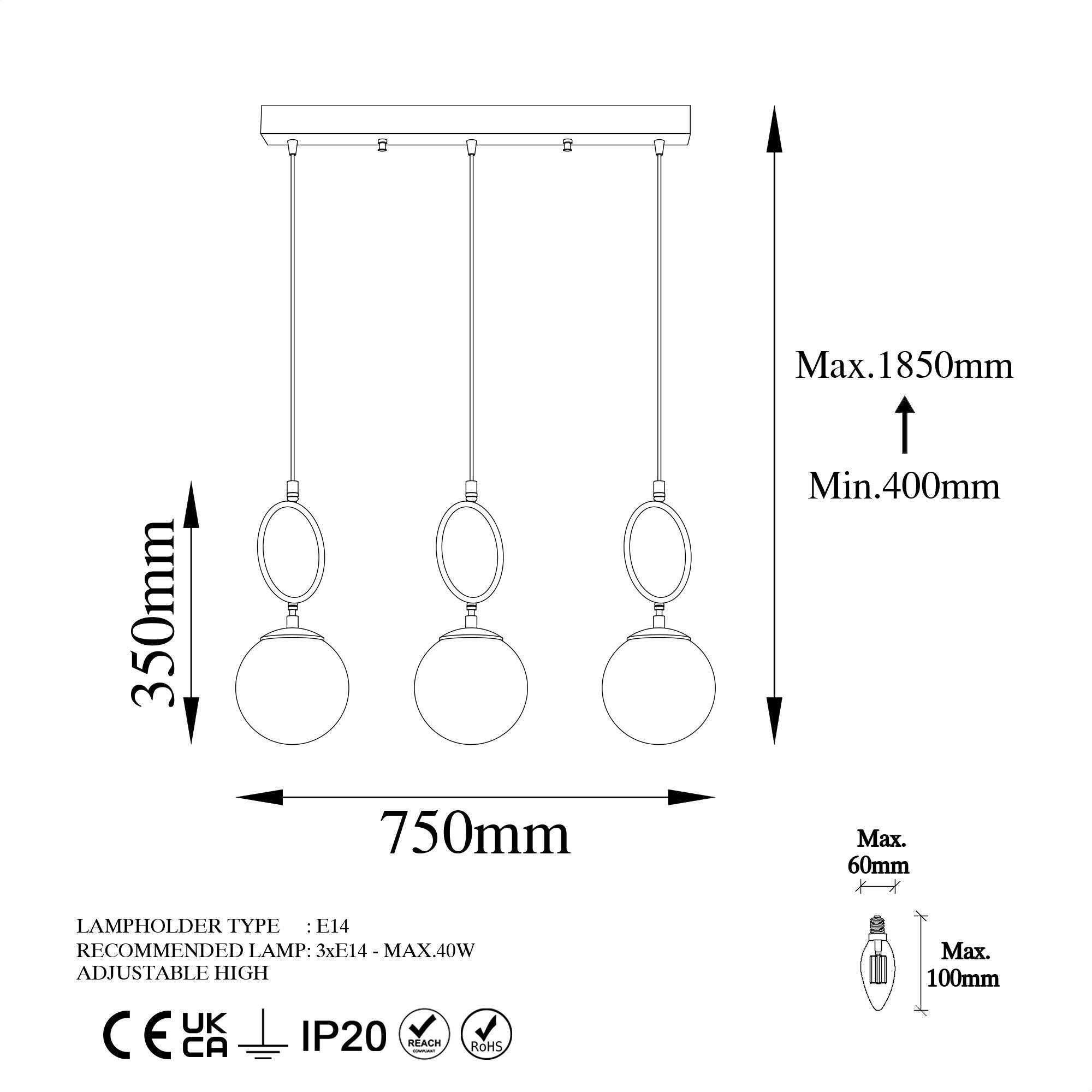 Suspension 3 lampes alignées Klimt L75cm Verre Blanc et Métal Noir