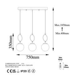 Suspension 3 lampes alignées Klimt L75cm Verre et Métal Blanc