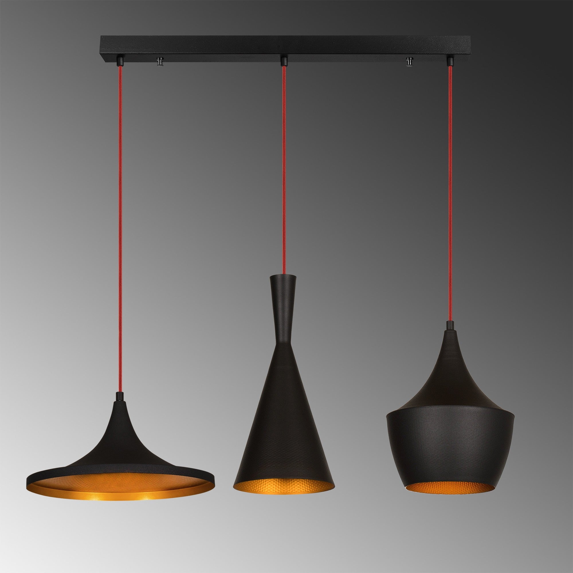 Suspension 3 lampes alignées Klipsch 80cm Métal Noir et Rouge