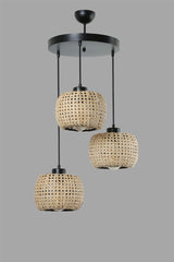 Suspension 3 lumières forme bombé Tropaeum Métal Noir et Rotin Beige