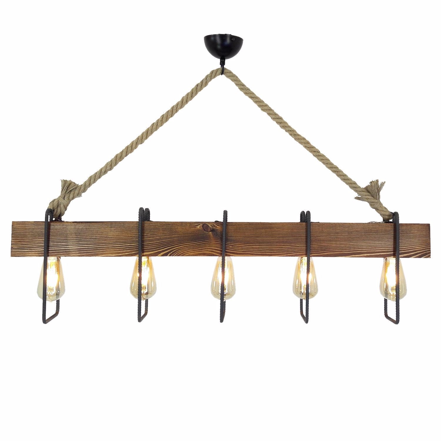 Suspension 5 lampes alignées Taryne 100cm Métal Noir Pin massif Naturel et Corde Beige