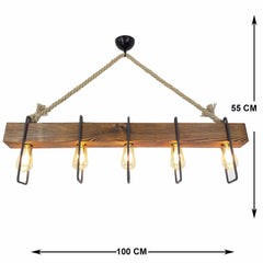 Suspension 5 lampes alignées Taryne 100cm Métal Noir Pin massif Naturel et Corde Beige