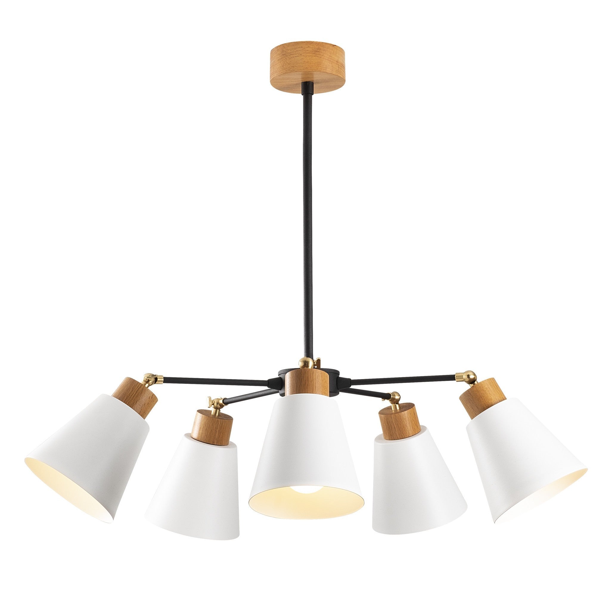 Suspension 5 lumières forme cônes tronqués Conix D58cm Métal Blanc et Bois Naturel