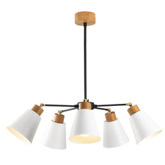 Suspension 5 lumières forme cônes tronqués Conix D58cm Métal Blanc et Bois Naturel