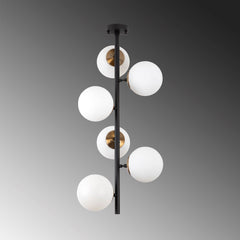 Suspension 6 lampes verticale Holla H83cm Verre Blanc et Métal Noir