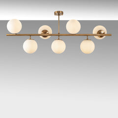 Suspension 7 lampes sphériques Holla 113cm Verre Blanc et Métal Or