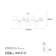 Suspension 7 lampes sphériques Holla 113cm Verre Blanc et Métal Or