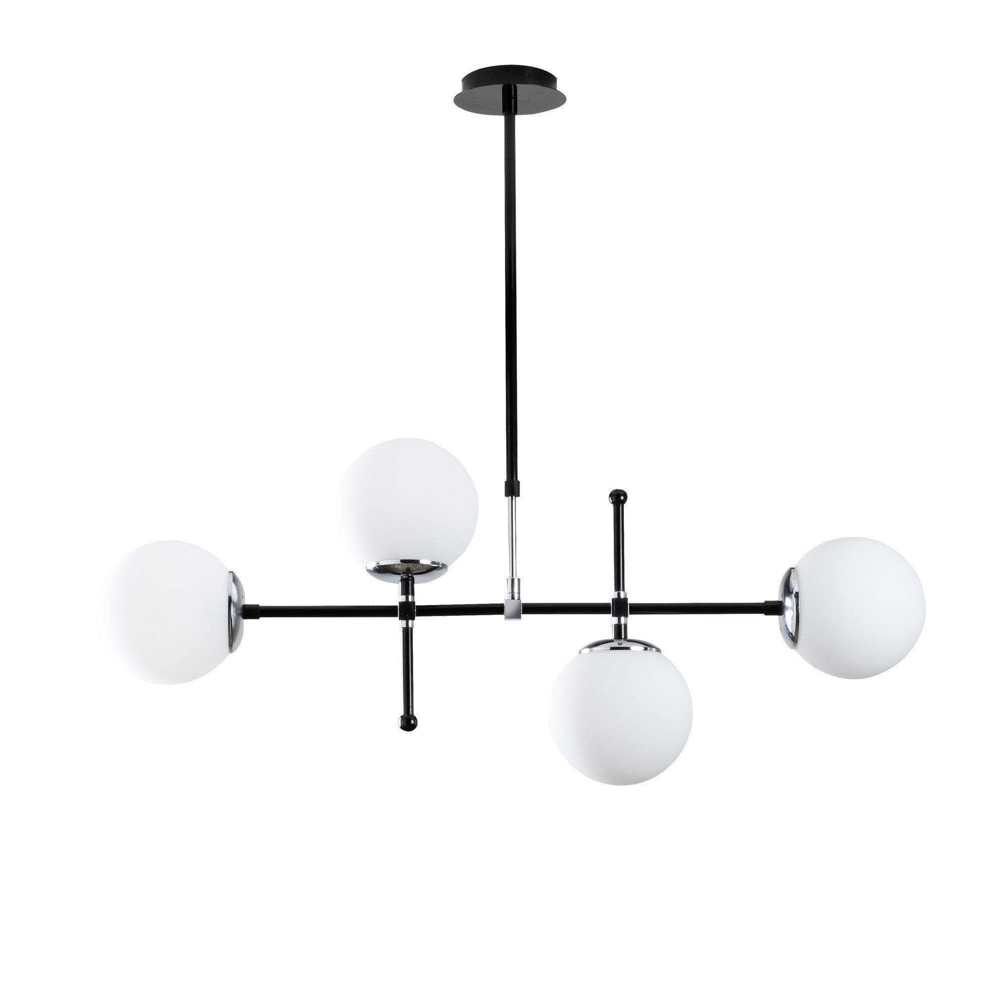 Suspension barre 4 lampes globes Movado 108cm Métal Noir et Chrome et Verre Blanc