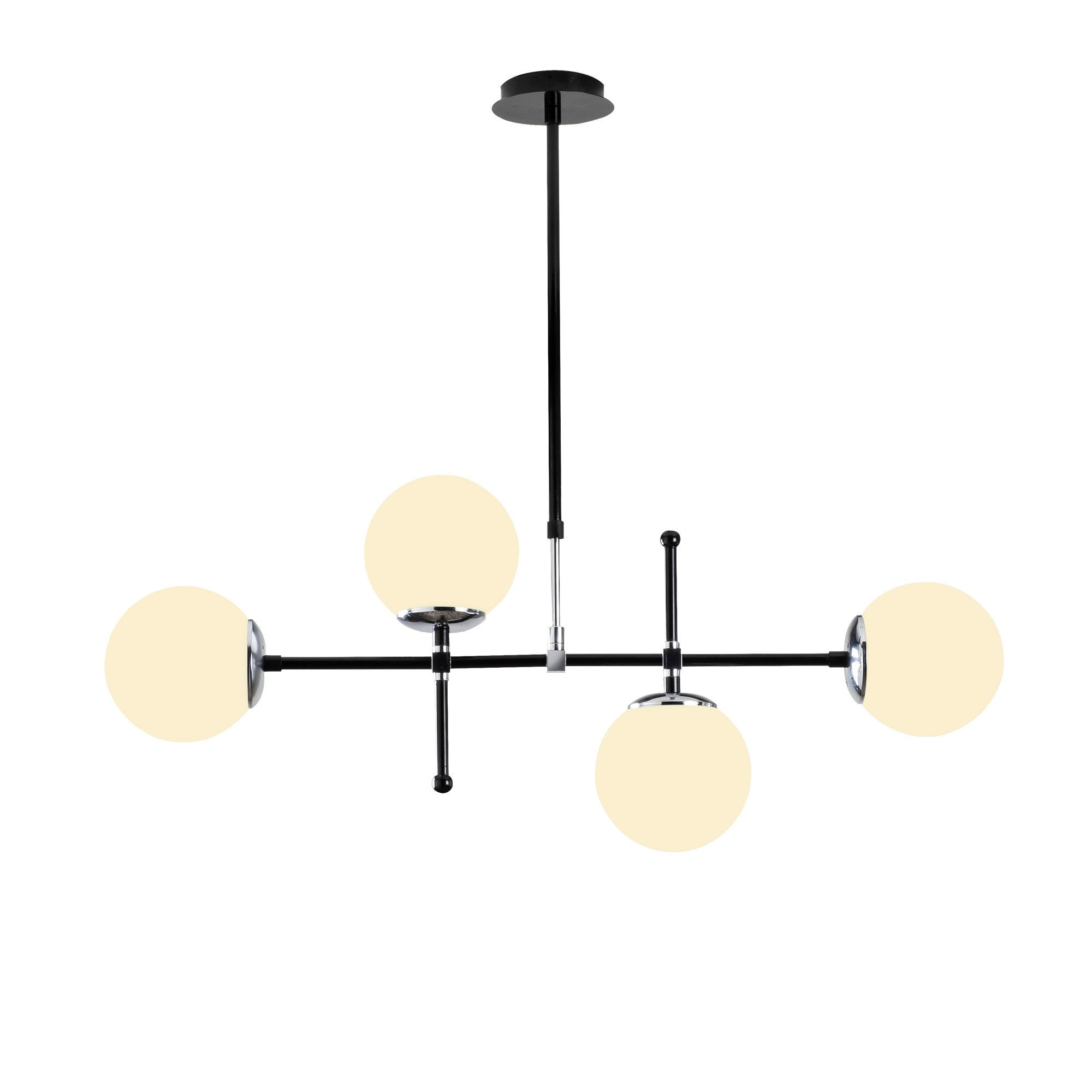 Suspension barre 4 lampes globes Movado 108cm Métal Noir et Chrome et Verre Blanc