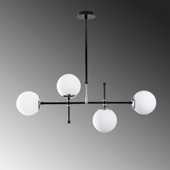 Suspension barre 4 lampes globes Movado 108cm Métal Noir et Chrome et Verre Blanc