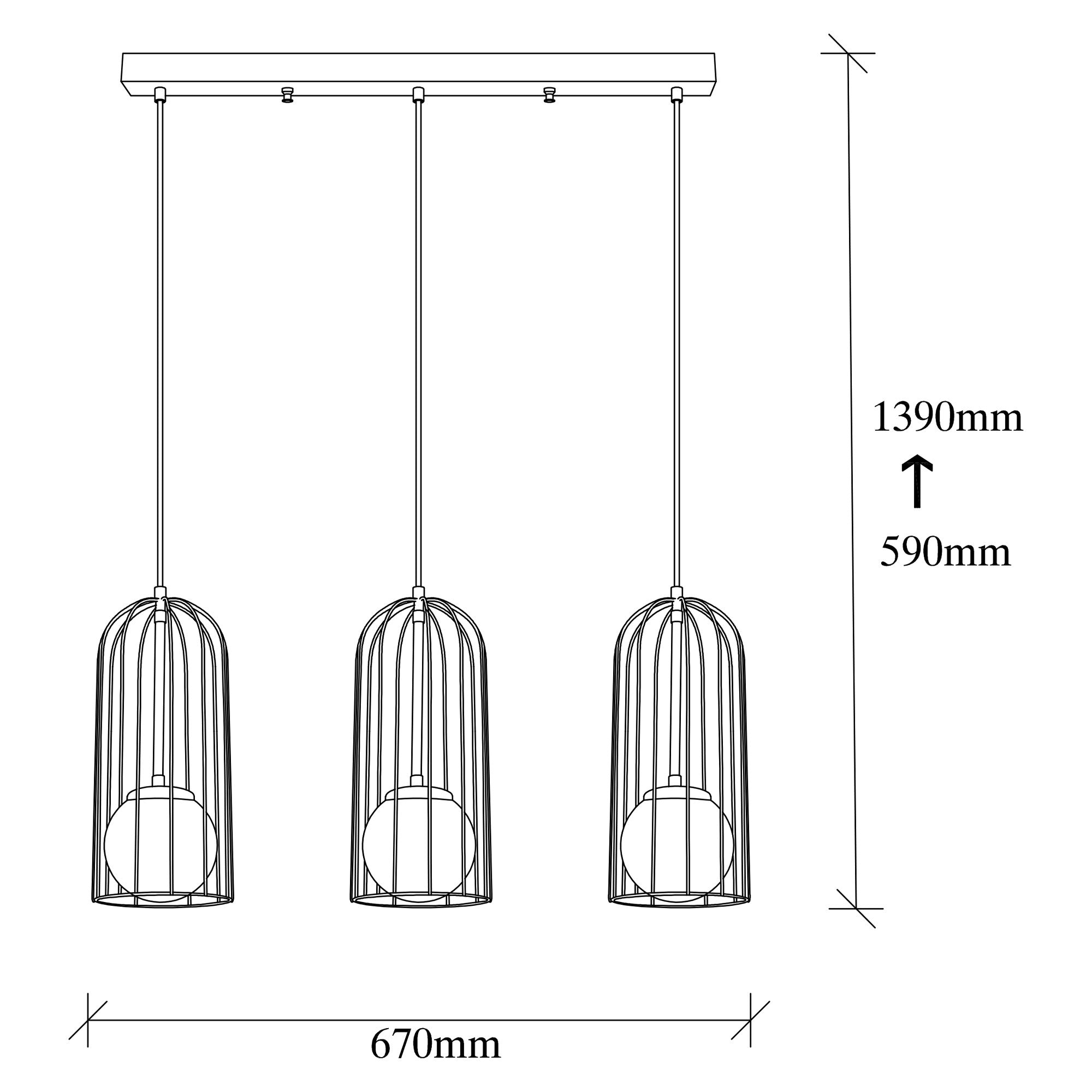 Suspension cages 3 lampes alignées Sampson Verre et Métal Noir