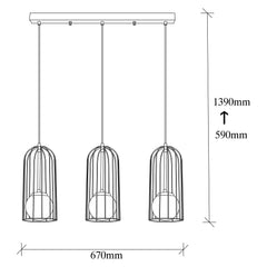 Suspension cages 3 lampes alignées Sampson Verre et Métal Noir