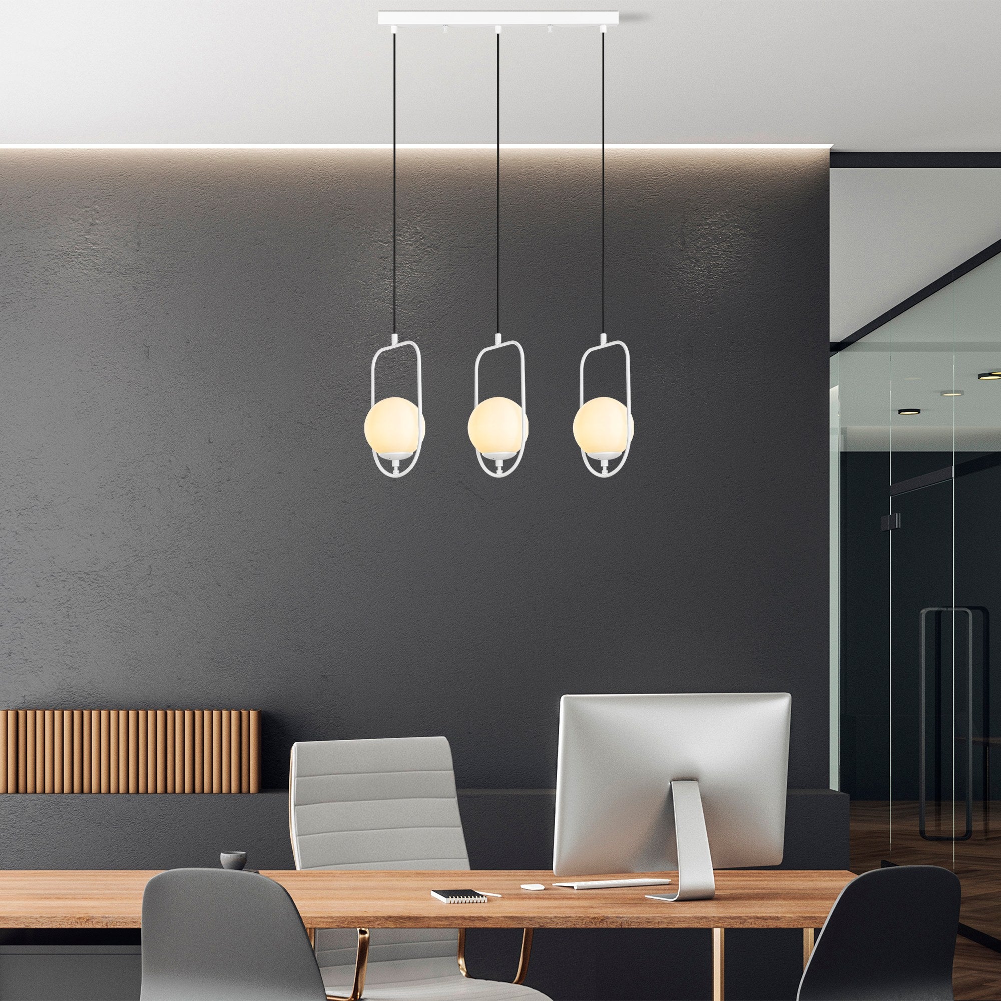 Suspension design 3 lampes alignées Rijin L80cm Métal et Verre Blanc