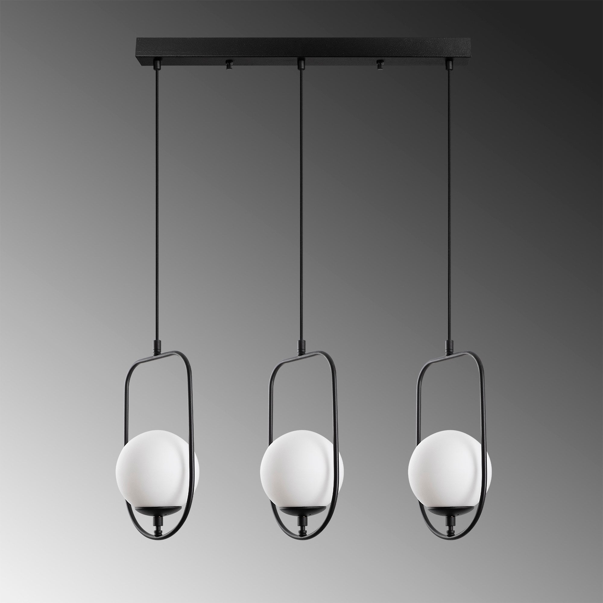 Suspension design 3 lampes alignées Rijin L80cm Métal Noir et Verre Blanc