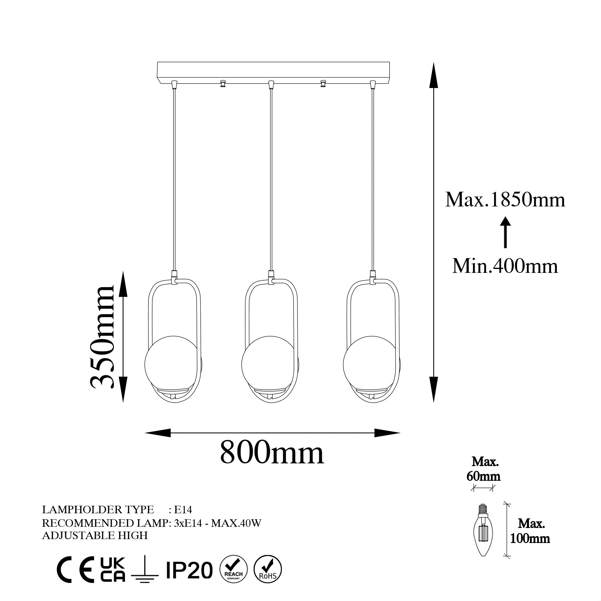 Suspension design 3 lampes alignées Rijin L80cm Métal Noir et Verre Blanc