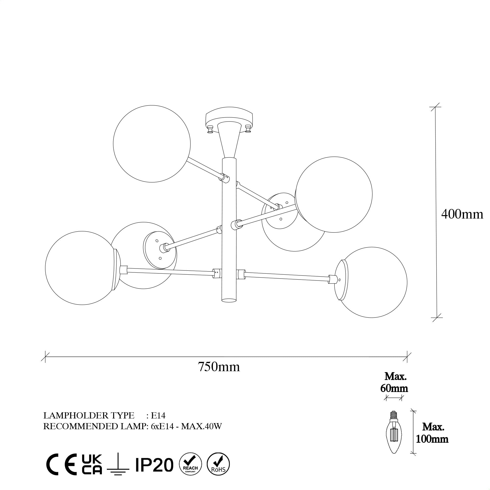 Suspension design battons 6 lampes Lunas Métal Noir et Verre Transparent