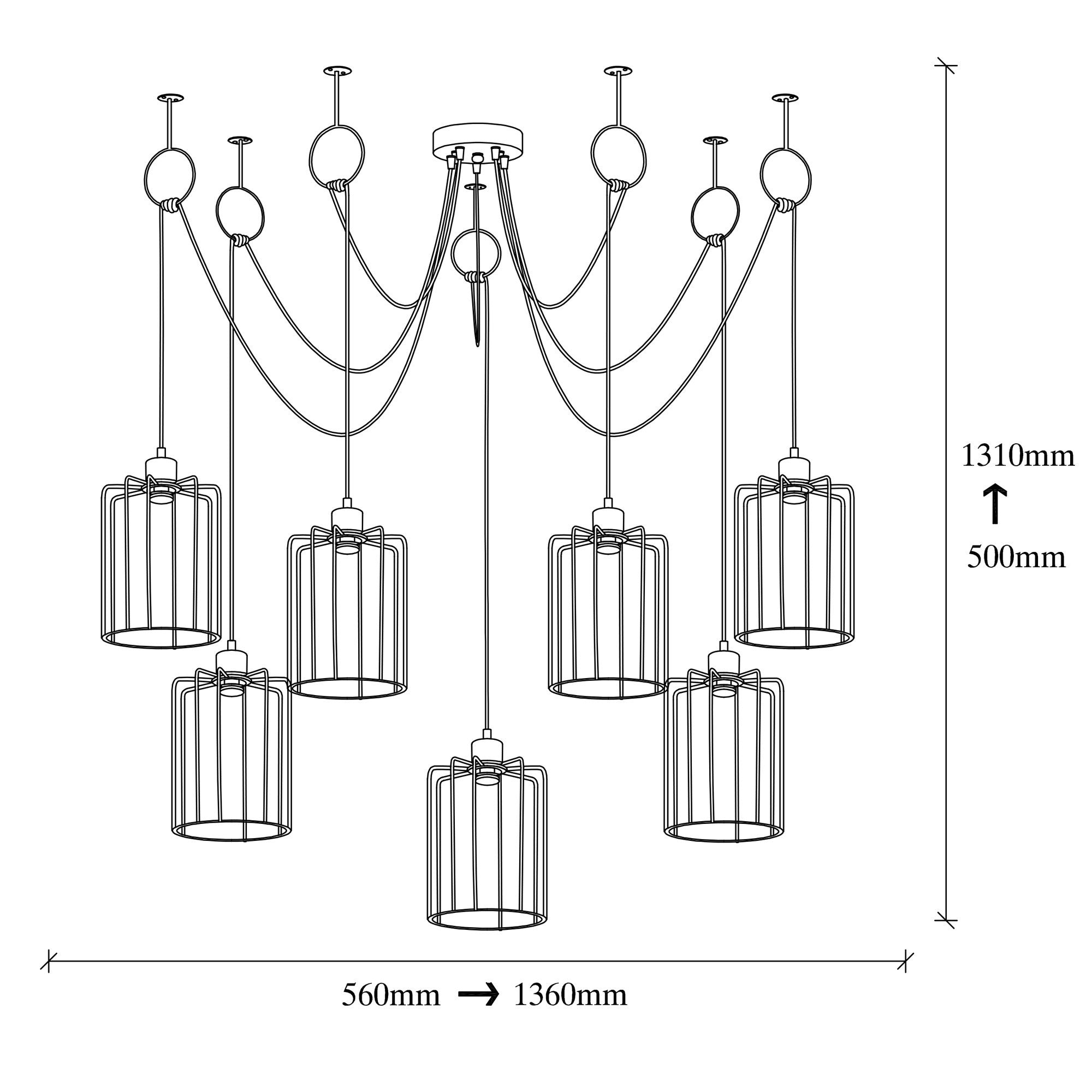 Suspension filaire 7 cylindres Laterna 131cm Métal Noir