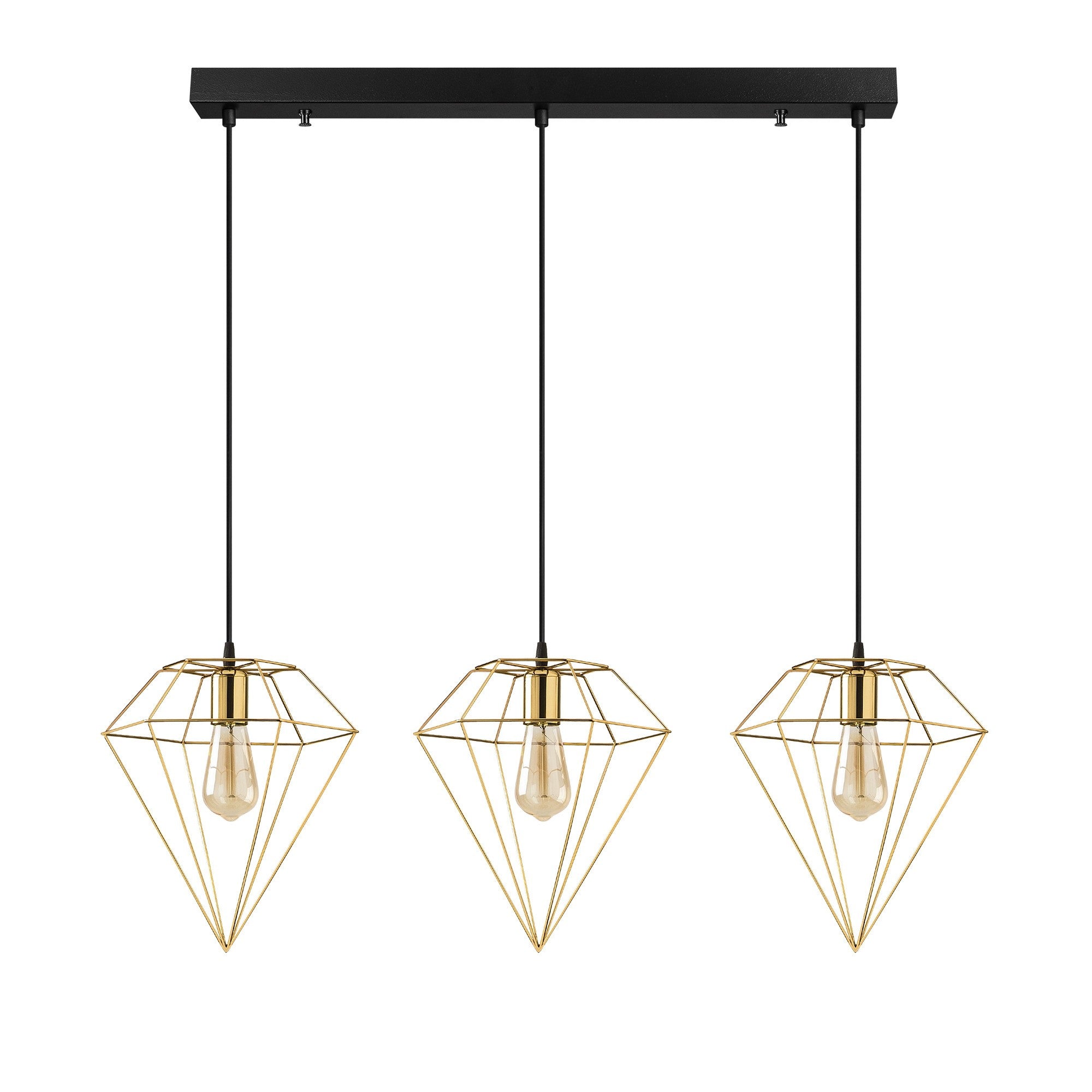 Suspension filaire diamant 3 lampes alignées Berlioz L100cm Métal Noir et Or