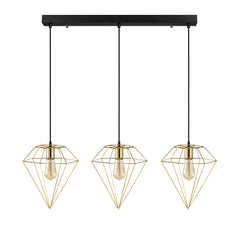 Suspension filaire diamant 3 lampes alignées Berlioz L100cm Métal Noir et Or