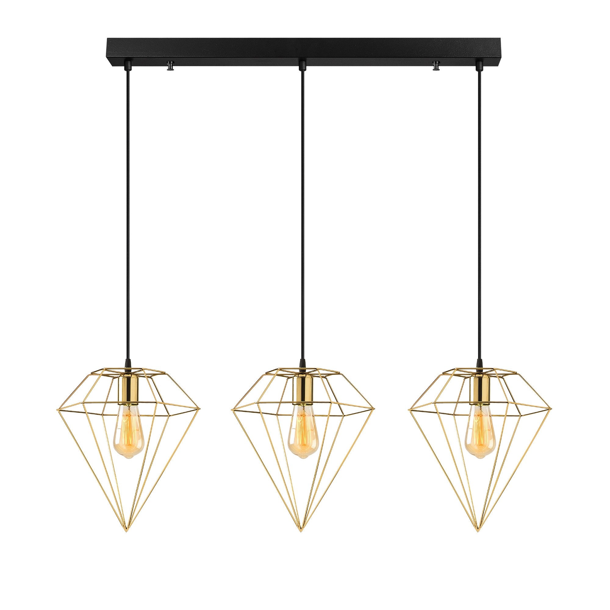 Suspension filaire diamant 3 lampes alignées Berlioz L100cm Métal Noir et Or