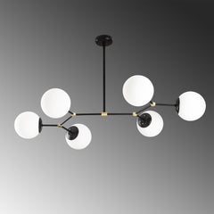 Suspension ramification horizontale 6 lampes Acresh Verre Blanc et Métal Noir