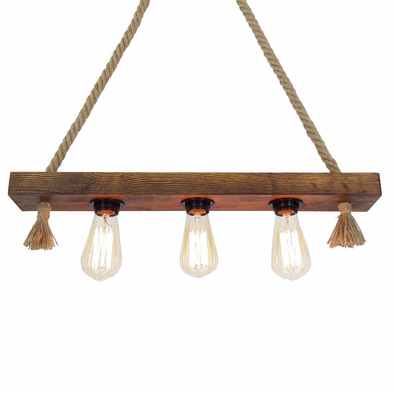 Suspension style rustique 3 lampes alignées Tarane L60cm Pin massif foncé