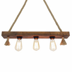 Suspension style rustique 3 lampes alignées Tarane L60cm Pin massif foncé