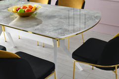 Table à manger Fotka 180cm Bois Effet marbre Blanc et Or