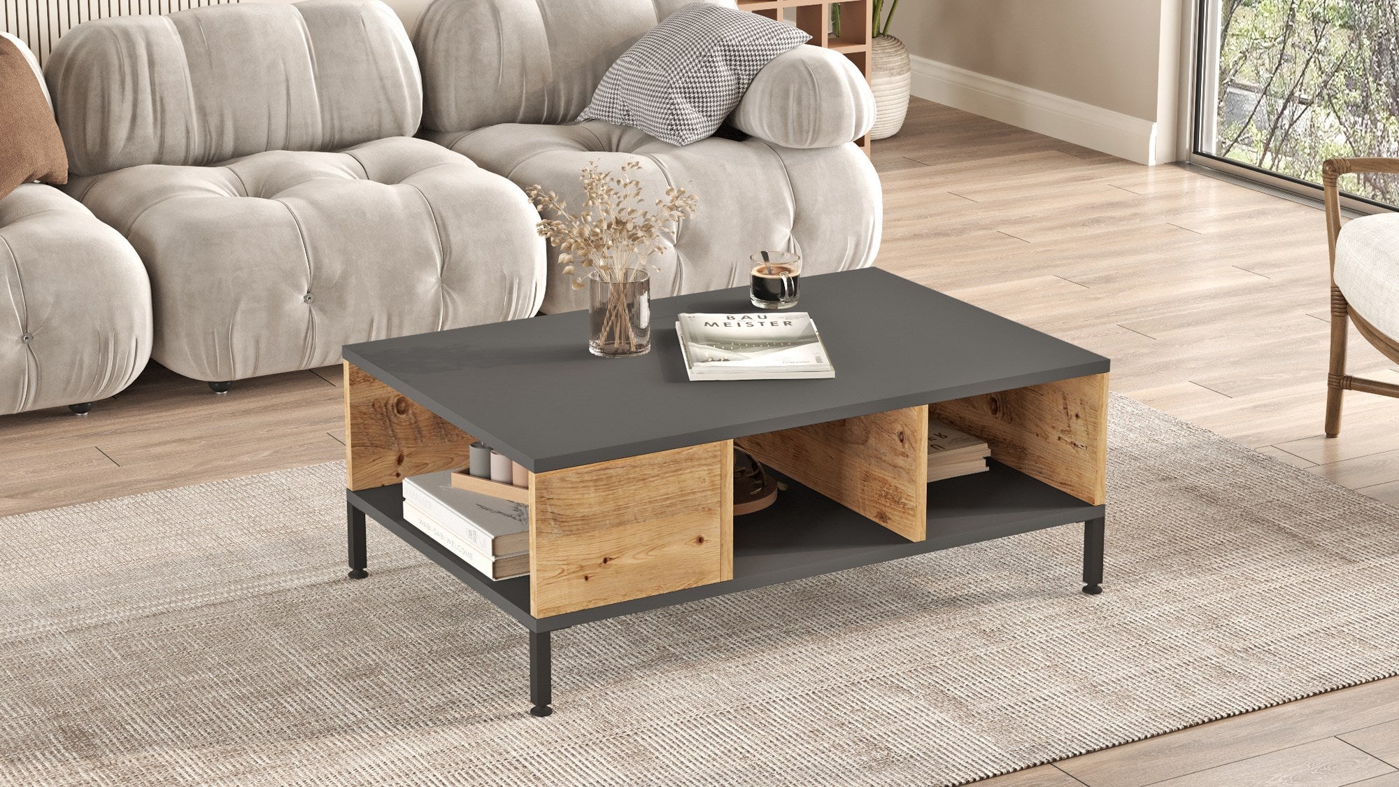 Table basse avec rangement Ginny 60x90cm Anthracite et Chêne clair