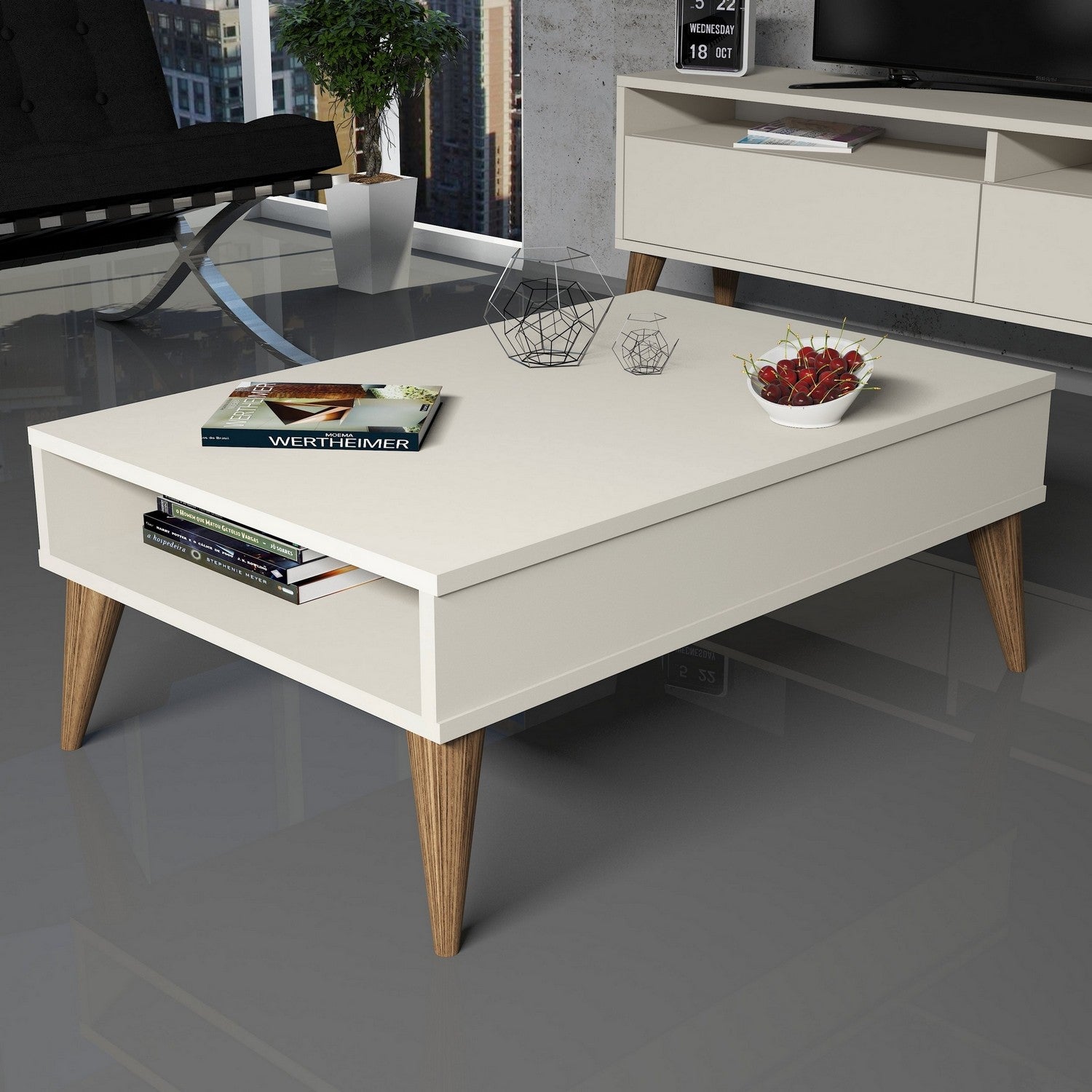 Table basse avec rangement Yaltra L90xP60cm Blanc crème