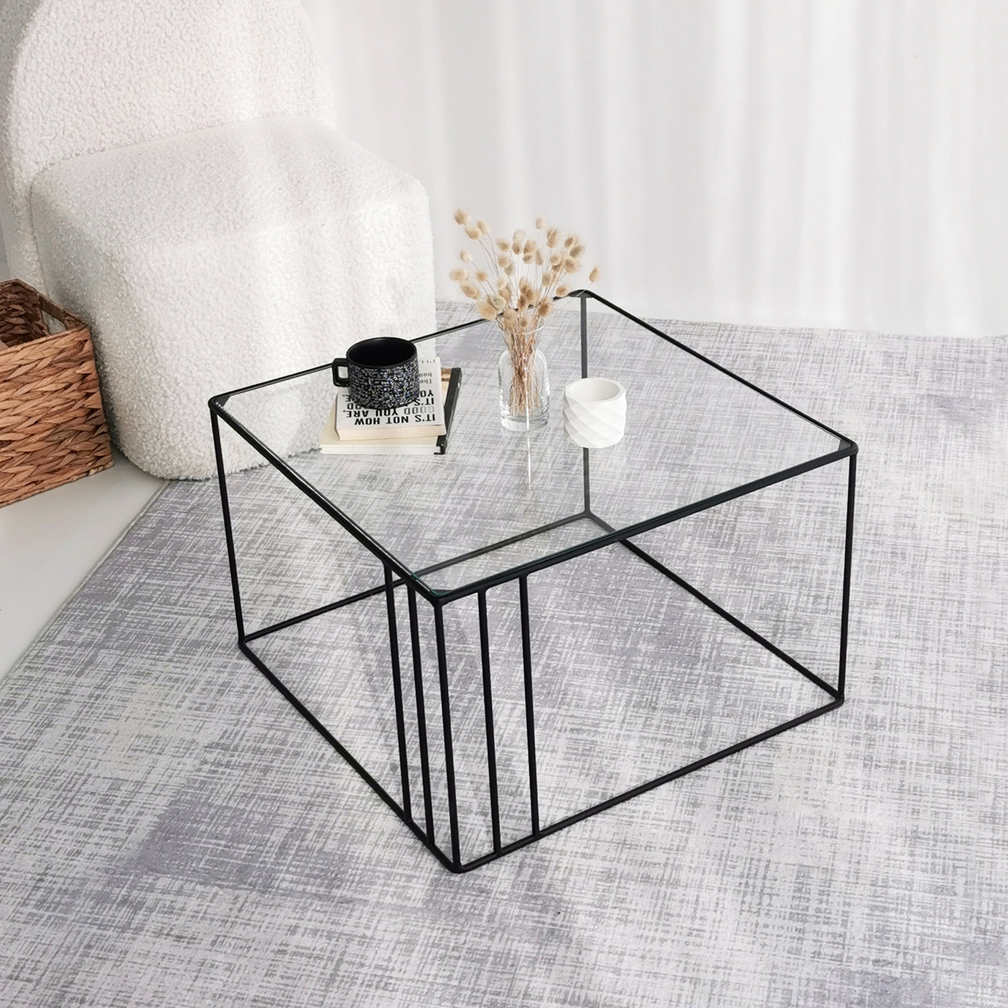 Table basse carrée Neway 50x50cm Verre Transparent et Métal Noir