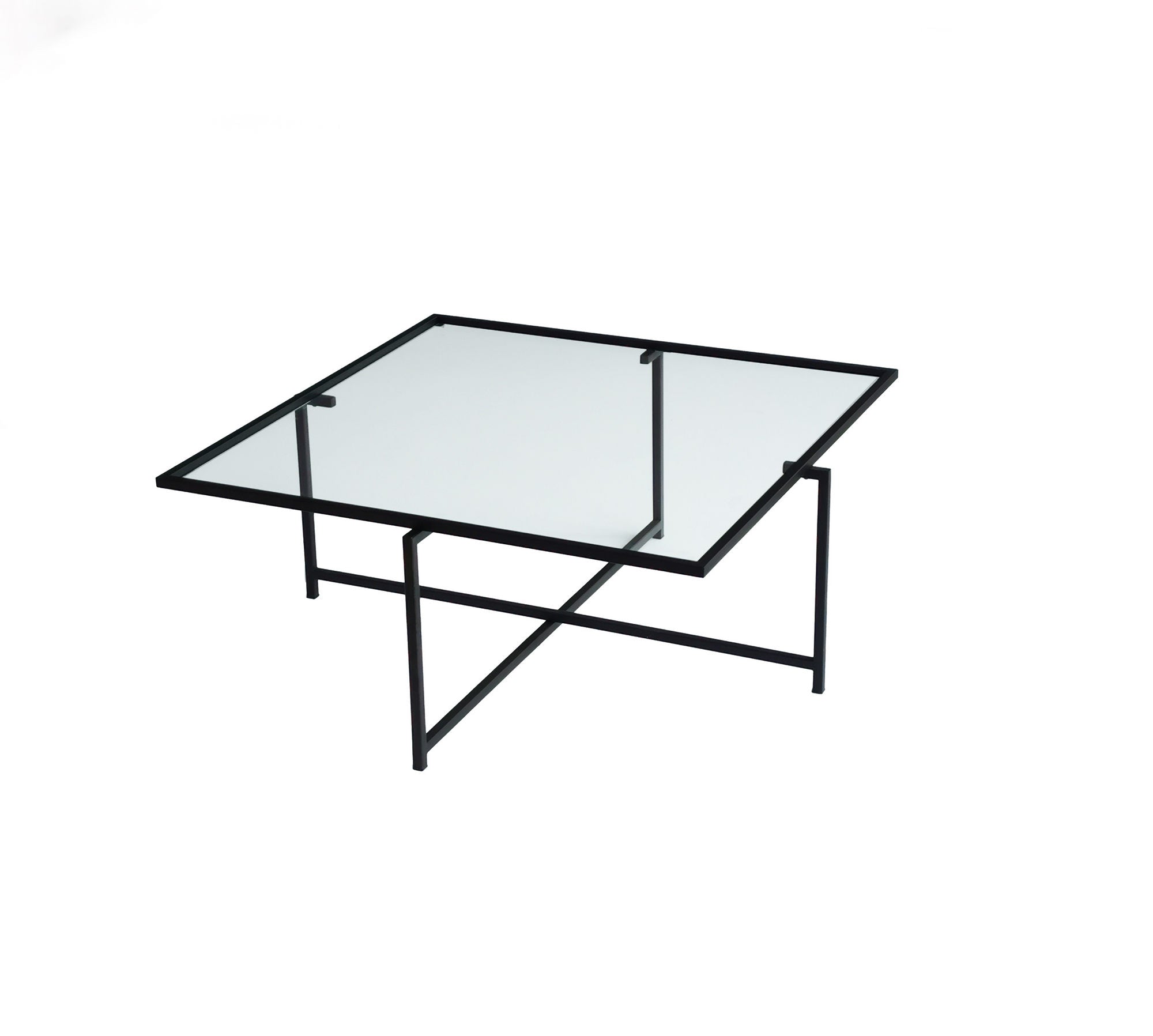 Table basse design Marsyas 85cm Verre Transparent et Métal Noir