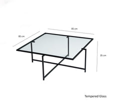 Table basse design Marsyas 85cm Verre Transparent et Métal Noir