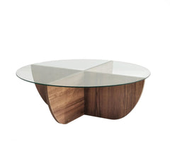 Table basse design Sunac D90cm Verre Transparent et Bois foncé