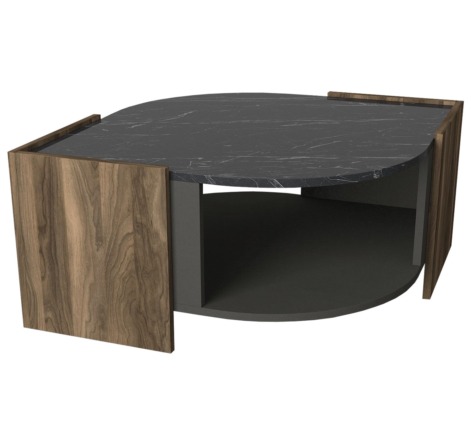 Table basse forme d'œil Harengs Bois Naturel, Gris et Noir effet marbre