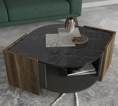 Table basse forme d'œil Harengs Bois Naturel, Gris et Noir effet marbre