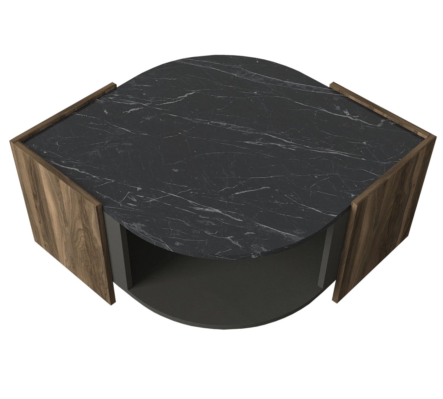 Table basse forme d'œil Harengs Bois Naturel, Gris et Noir effet marbre