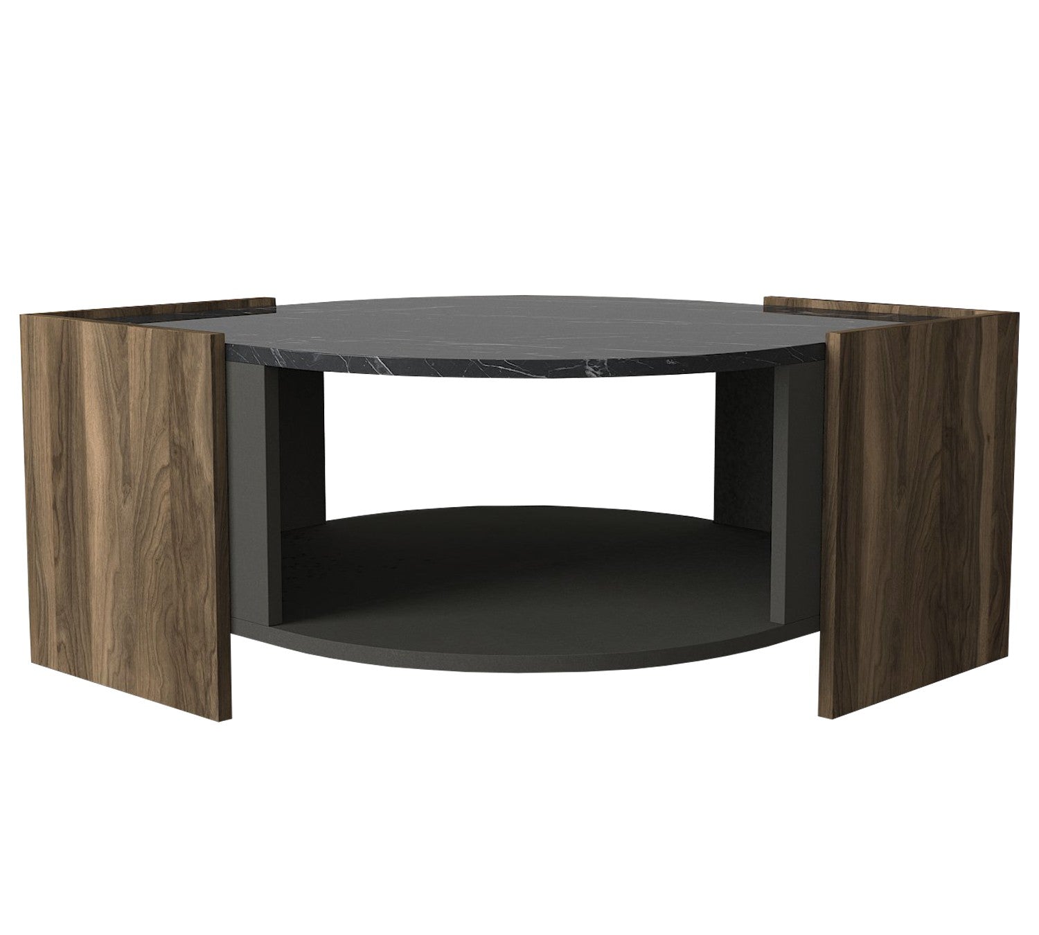 Table basse forme d'œil Harengs Bois Naturel, Gris et Noir effet marbre